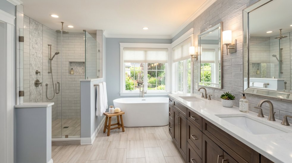 Modern remodeled bathroom with double vanity, walk-in glass shower, freestanding tub, and large windows