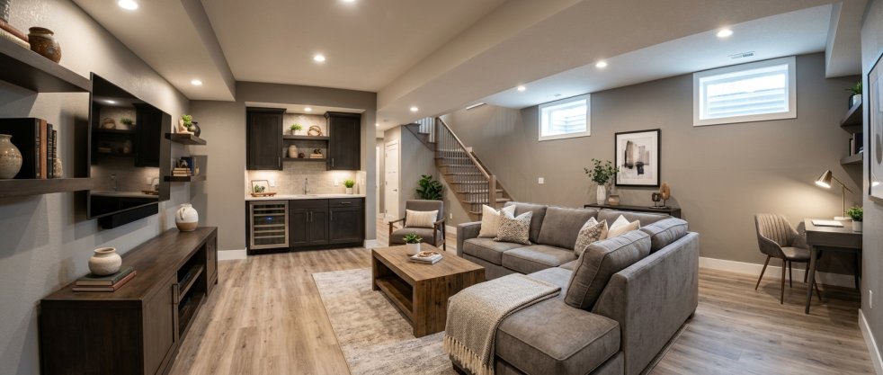 Finished basement remodel with sectional sofa, TV wall, wet bar, staircase, and home office nook