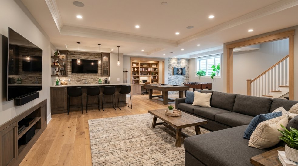 Finished basement with sectional sofa, wall TV, wet bar, pool table, and staircase in a modern living area