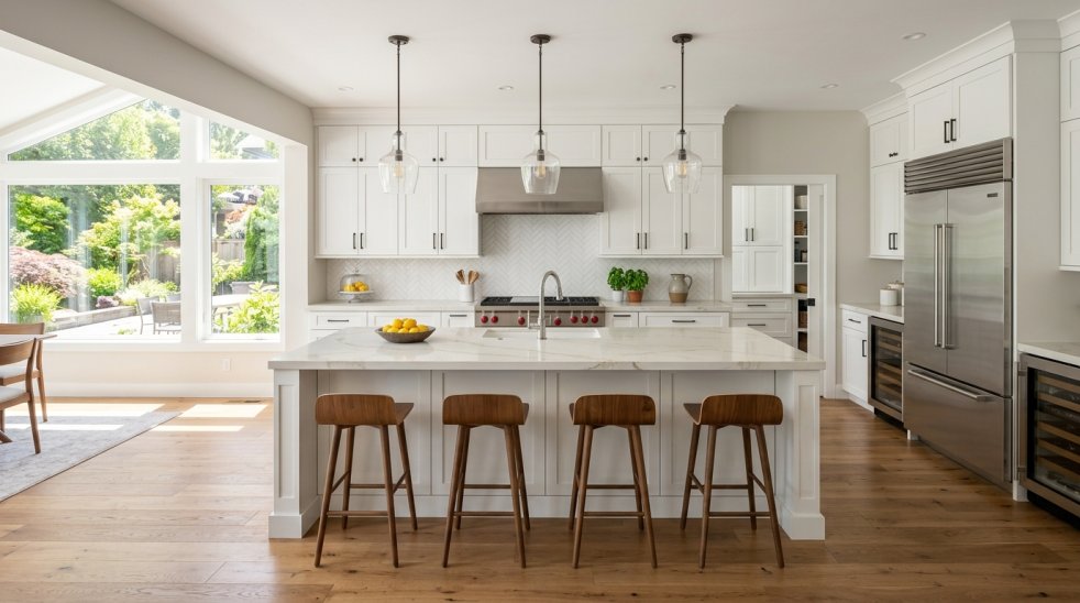 Modern remodeled kitchen with white cabinets, marble island, wood stools, stainless steel appliances, and large windows