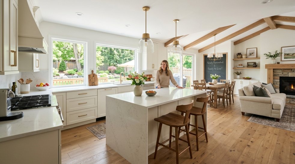 Homeowner standing in newly remodeled open-concept kitchen and living room with island, dining area and fireplace